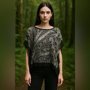 Talbots Black White Silk Paisley Boxy Oversized Poncho Sheer Xs/s Boho Oversized